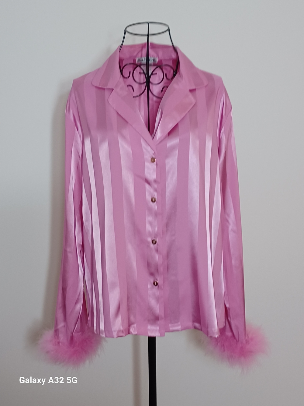 Linea Donatella Striped Pink Satin Pajama Top with Feather Trim - Size M